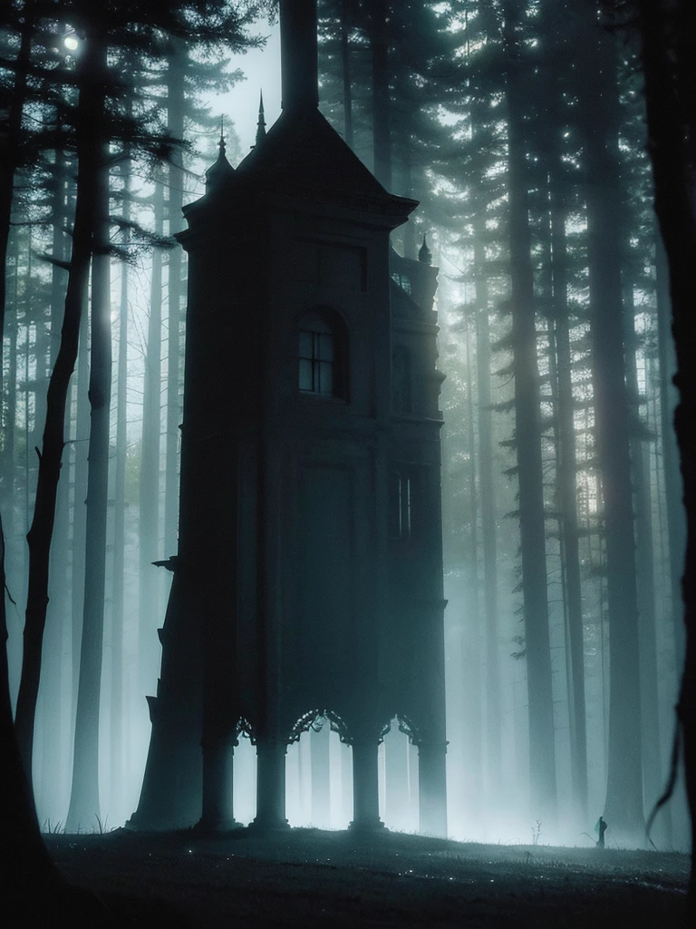 a dark mansion in a pine forest, moonlit night, tall dark silhouette of a figure, eerie atmosphere, moody lighting, detailed architectural elements, gloomy mood, dramatic shadows, photorealistic, cinematic, muted color palette, gothic, horror, mystery