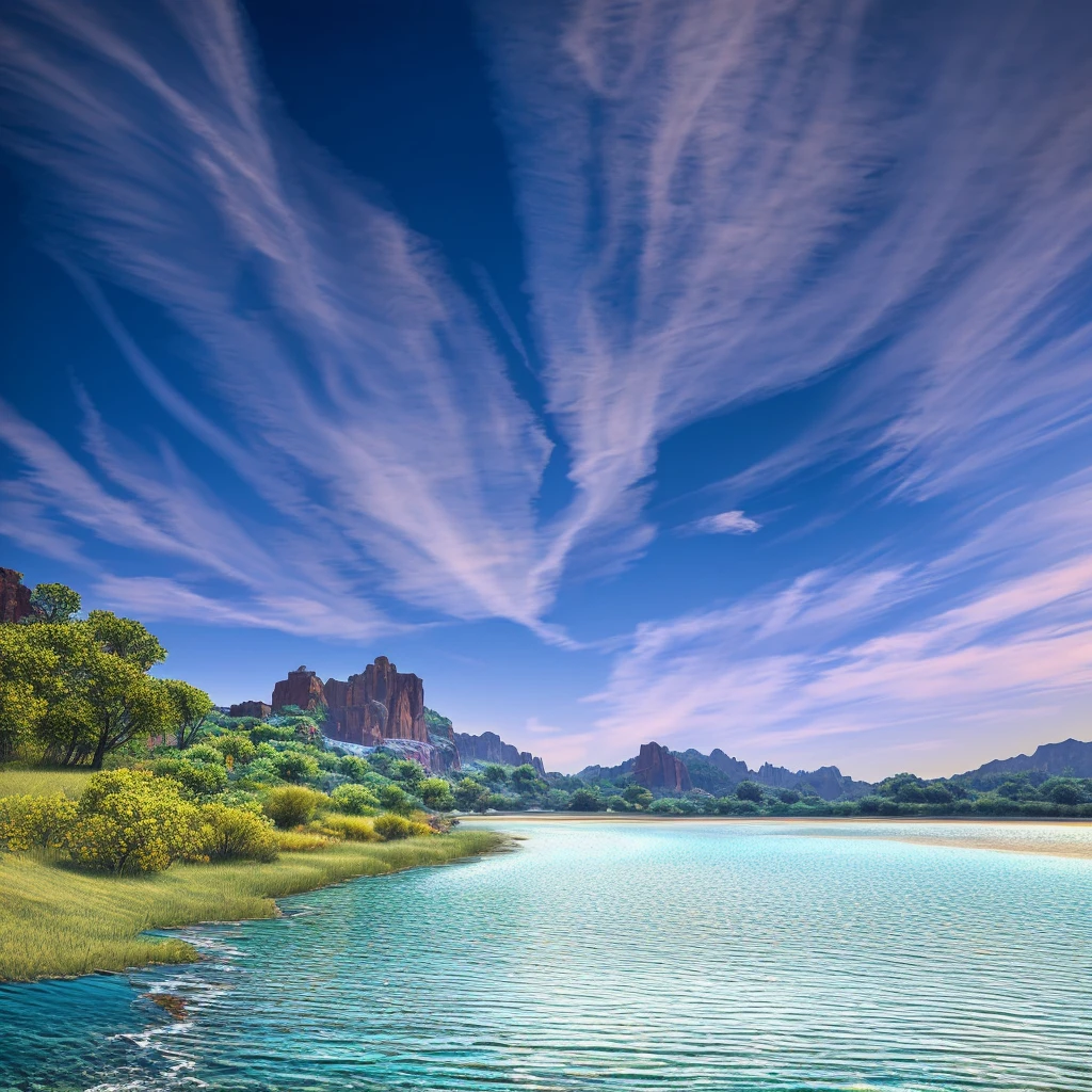 Summer sky (Painterly style), Realistic, highly Realistic, Attention to detail, breathtakingly Realistic, High contrast realism, High Saturation Realism, Vibrant colors, Dramatic lighting, Fascinating landscape, Persuasive storytelling, Atmospheric scene, Captivating visuals, Intricate details, Strong emotions, Heavenly Beauty, A dreamlike world