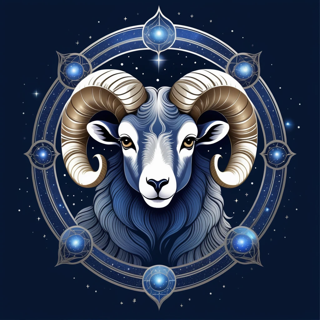 ((best quality)), ((masterpiece)), (detailed), Aries ram head, constellation art style, bold and celestial, starry night glow, dotwork illustration, deep blue and silver scheme, centered chest design, metallic shimmer effect, modern astrology enthusiast wear, T-shirt design graphic, vector, contour, white background

