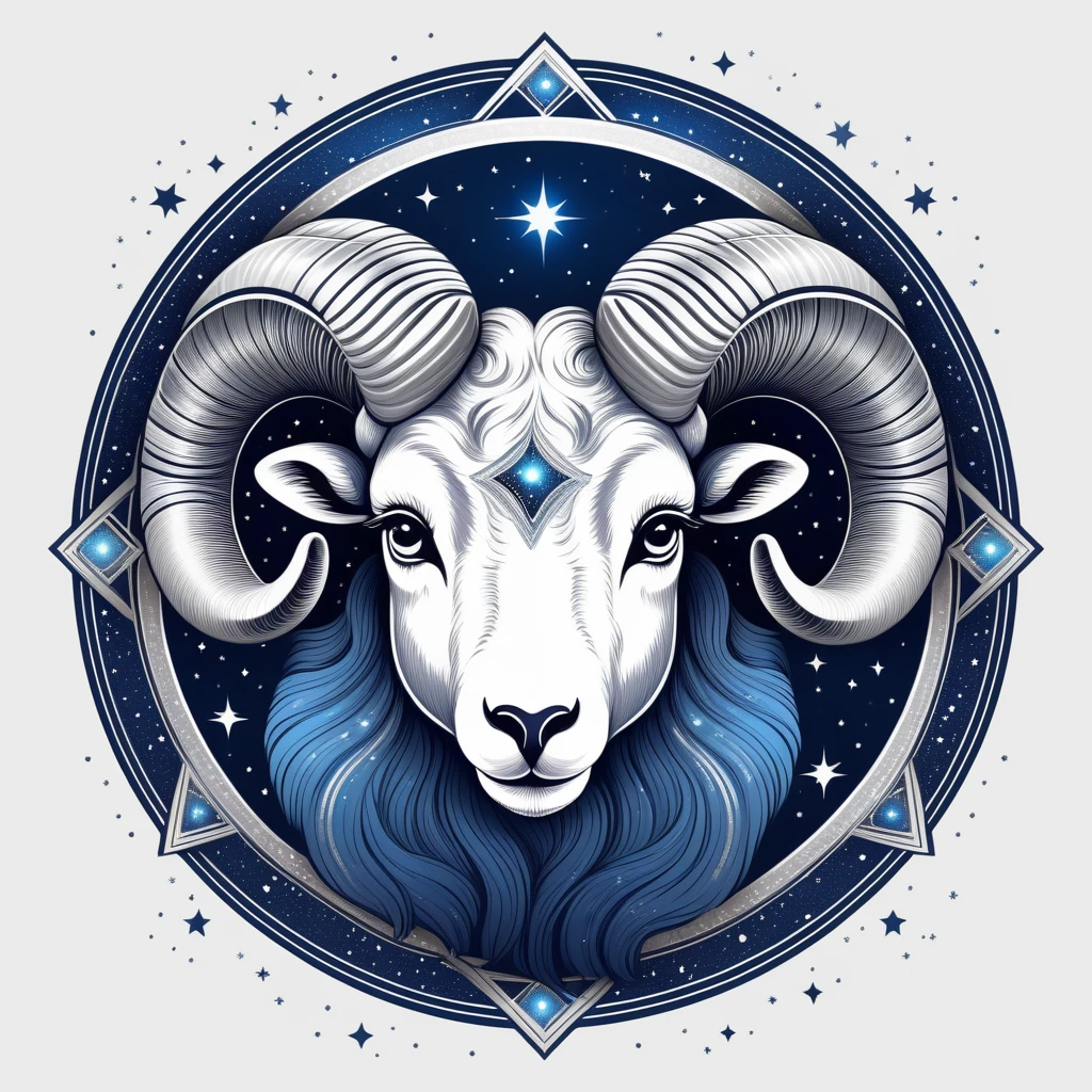 ((best quality)), ((masterpiece)), (detailed), Aries ram head, constellation art style, bold and celestial, starry night glow, dotwork illustration, deep blue and silver scheme, centered chest design, metallic shimmer effect, modern astrology enthusiast wear, T-shirt design graphic, vector, contour, white background