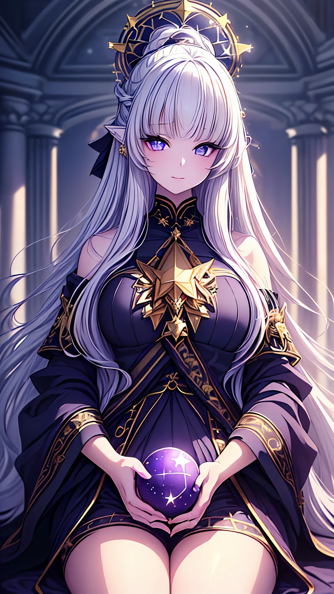 ((best quality)), ((masterpiece)), (detailed), une fille, visage parfait, Longhaire, ((golden hair)), curly hair, decorated cheveux, ultramarine blue eyes,(
Name: Kagetsuka Tenka
Element: STELLARA
Description: A mystical star mage renowned for her celestial powers. With long, silver hair and piercing, violet eyes, she commands the cosmos, acting as a beacon of hope and guidance for lost souls.
Prompt: ((((Stellar regality, finest quality, ultra high resolution)))), 1 female, serene, seated, (long silver hair), pale complexion, (violet eyes), (((ultra detailed eyes: 0.8, beautiful and detailed face, defined facial features: 0.9))), ((centered)), (full shot), three-quarter view, (((indoor, dimly lit, starry night backdrop: 0.9))), voluptuous figure, (calm expression), (((clutching a crystal orb))), long eyelashes, beautiful lighting, indoor, magical, ((defined subject)), 30 years old, (subtle smile), (((ethereal))), ((enchanting)), (((soft focus)))
)