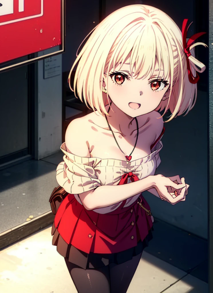 Chisato Nishikigi, short hair, bangs, Blonde, (Red eyes:1.5), hair ribbon, One side up, Bobcut,happy smile, smile, Open your mouth,Heart-shaped necklace,Bare neck,Bare shoulders,bare clavicle,Red off-shoulder sweater,mini skirt,Black pantyhose,short boots,Walking,whole bodyがイラストに入るように,
break indoors,School,canteen,
break looking at viewer, whole body,
break (masterpiece:1.2), Highest quality, High resolution, unity 8k wallpaper, (figure:0.8), (Beautiful attention to detail:1.6), Highly detailed face, Perfect lighting, Highly detailed CG, (Perfect hands, Perfect Anatomy),