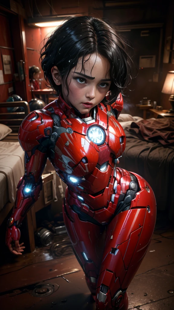 Highest quality 8k Red Iron Man Suit Girl Middle-aged women Sweaty face cute short hair boyish Steam coming out of my head My hair is wet with sweat The feel of black hair Full body portrait My upper body is soaked I can see the vagina Lying in bed Face soaked Share Night city background