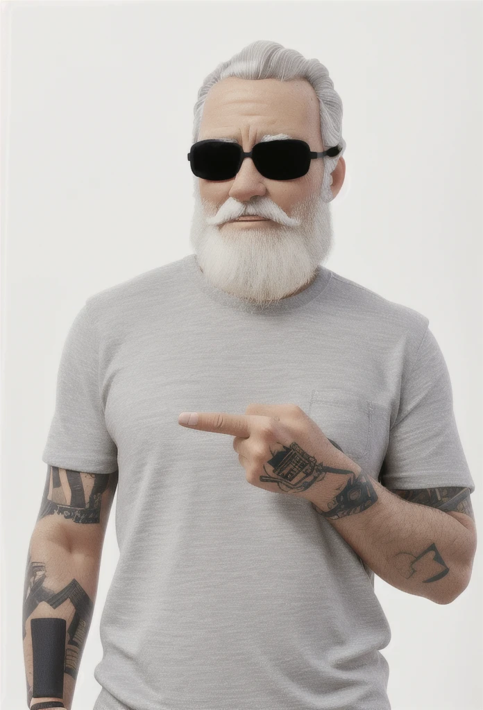 senior citizen, gray shirt, pointing to the side, barba, sunglasses