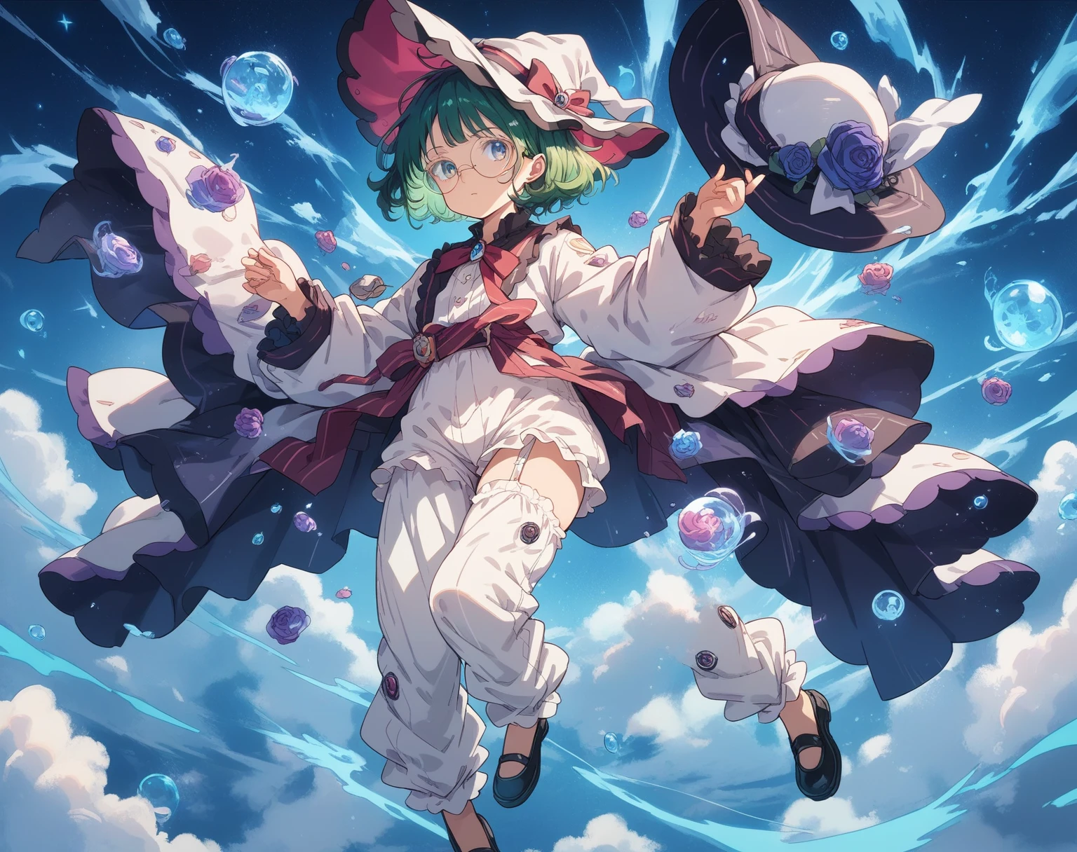A large witch's hat with a wide frill and a purple rose decoration, a robe with the Duke's coat of arms on the sleeve, a cream-colored blouse, a winered ribbon tie, a high-waisted skirt, (loose pants,bloomers),garter stockings, and pumps.
Curly short cut, green hair, large round glasses (Zero gravity,Weightless, floating in the air holding my knees)