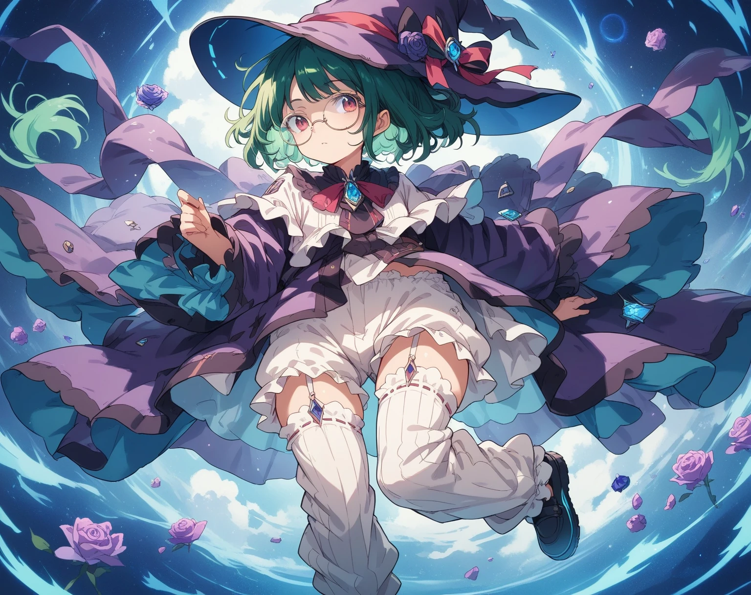 A large witch's hat with a wide frill and a purple rose decoration, a robe with the Duke's coat of arms on the sleeve, a cream-colored blouse, a winered ribbon tie, a high-waisted skirt, (loose pants,bloomers),garter stockings, and pumps.
Curly short cut, green hair, large round glasses (Zero gravity,Weightless, floating in the air holding my knees)