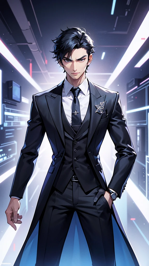 **Appearance:** The protagonist is a young man in his early twenties with a striking presence. He stands at about 6 feet tall with a lean, athletic build. His facial features are sharp and well-defined, with high cheekbones, a straight nose, and piercing eyes that seem to hold an intense and confident gaze. His skin is fair, and his black hair is styled neatly, with a few rebellious strands falling over his forehead.
**Clothing:** He is dressed in a modern, stylish outfit that reflects his status and personality. He wears a fitted black suit with a crisp white shirt underneath, the top button left casually undone. His jacket has subtle, intricate patterns that catch the light, giving a hint of his unique taste and wealth. He also wears a sleek, high-tech wristwatch on his left wrist, hinting at his connection to advanced technology.
**Accessories:** He carries a small, futuristic device that resembles a tablet but is far more advanced, with holographic displays. This device is often seen in his hand or tucked under his arm, symbolizing his intellect and control over cutting-edge technology.
**Expression and Pose:** The protagonist exudes confidence and authority. He is often depicted with a slight smirk on his lips, as if he knows something others do not. His posture is relaxed yet commanding, with one hand in his pocket and the other holding his high-tech device. He stands tall, with a slight tilt of his head, looking ahead as if contemplating his next move.
**Background:** The setting around him should reflect a blend of advanced technology and modern luxury. He could be standing in a sleek, futuristic cityscape with towering skyscrapers, neon lights, and advanced vehicles flying by. Alternatively, he could be in a high-tech control room filled with holographic screens and cutting-edge equipment, emphasizing his mastery over technology.