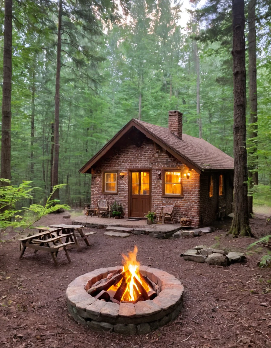 a small cabin with a fire pit in the woods, cottagecore, cottagecore hippie, cottagecore!!, cottage in the woods, cozy place, cottage in the forest, cabin in the woods, house in forest, nestled in a forest, cozy setting, cottage hippie naturalist, a brick cabin in the woods, cozy environment