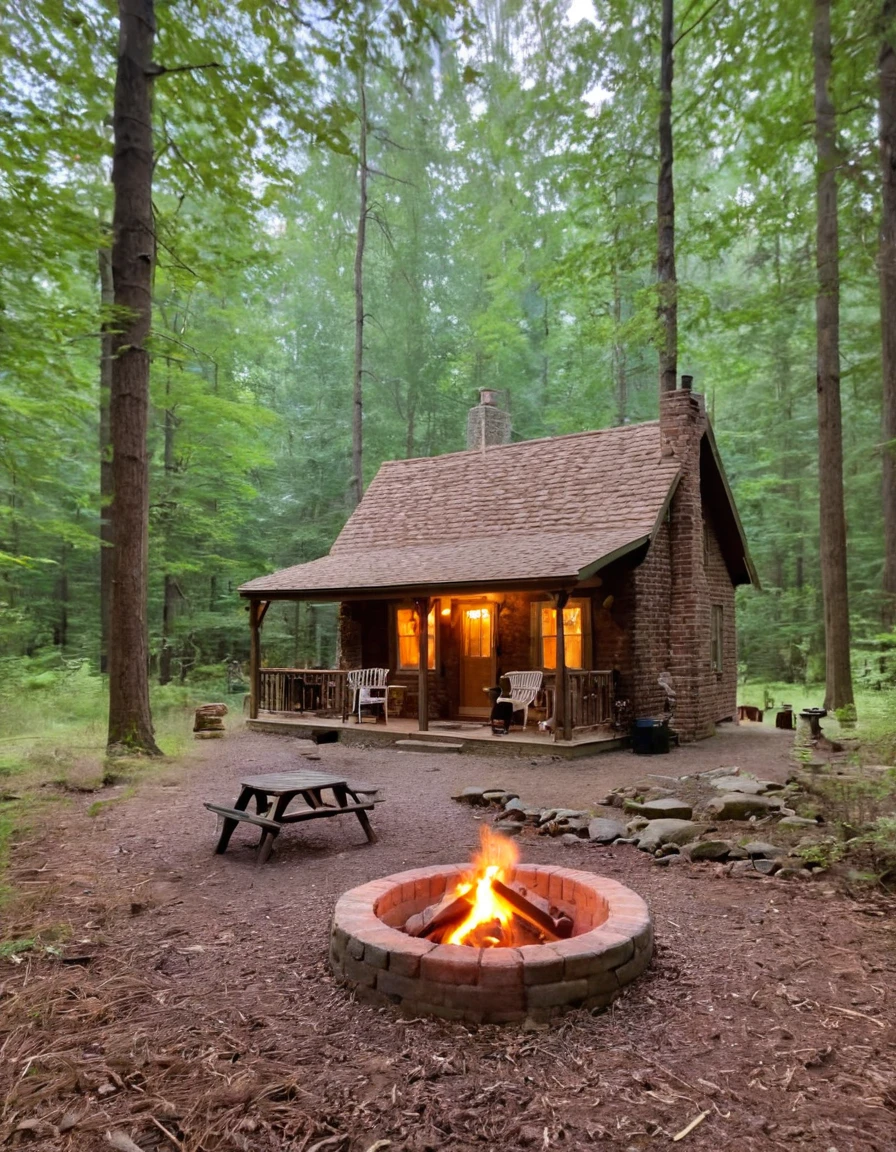 a small cabin with a fire pit in the woods, cottagecore, cottagecore hippie, cottagecore!!, cottage in the woods, cozy place, cottage in the forest, cabin in the woods, house in forest, nestled in a forest, cozy setting, cottage hippie naturalist, a brick cabin in the woods, cozy environment