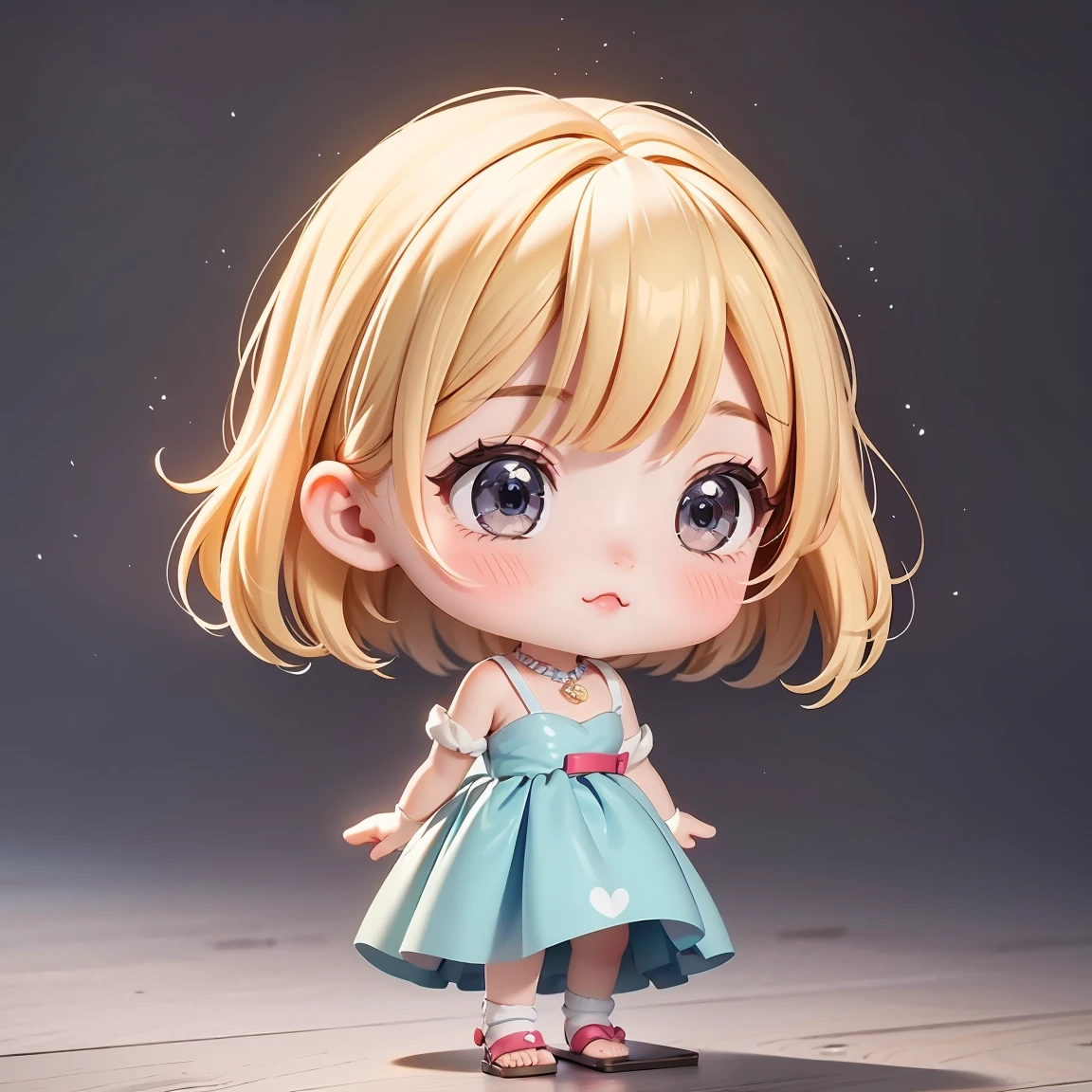 Super Chibi Character:1.8、wearing cute sandals、background:Simple all over、Blonde Hair、Cute 7 year old girl、Cinderella Dresses、Various expressions:1.8、Various poses with moving arms:1.8、Looking this way