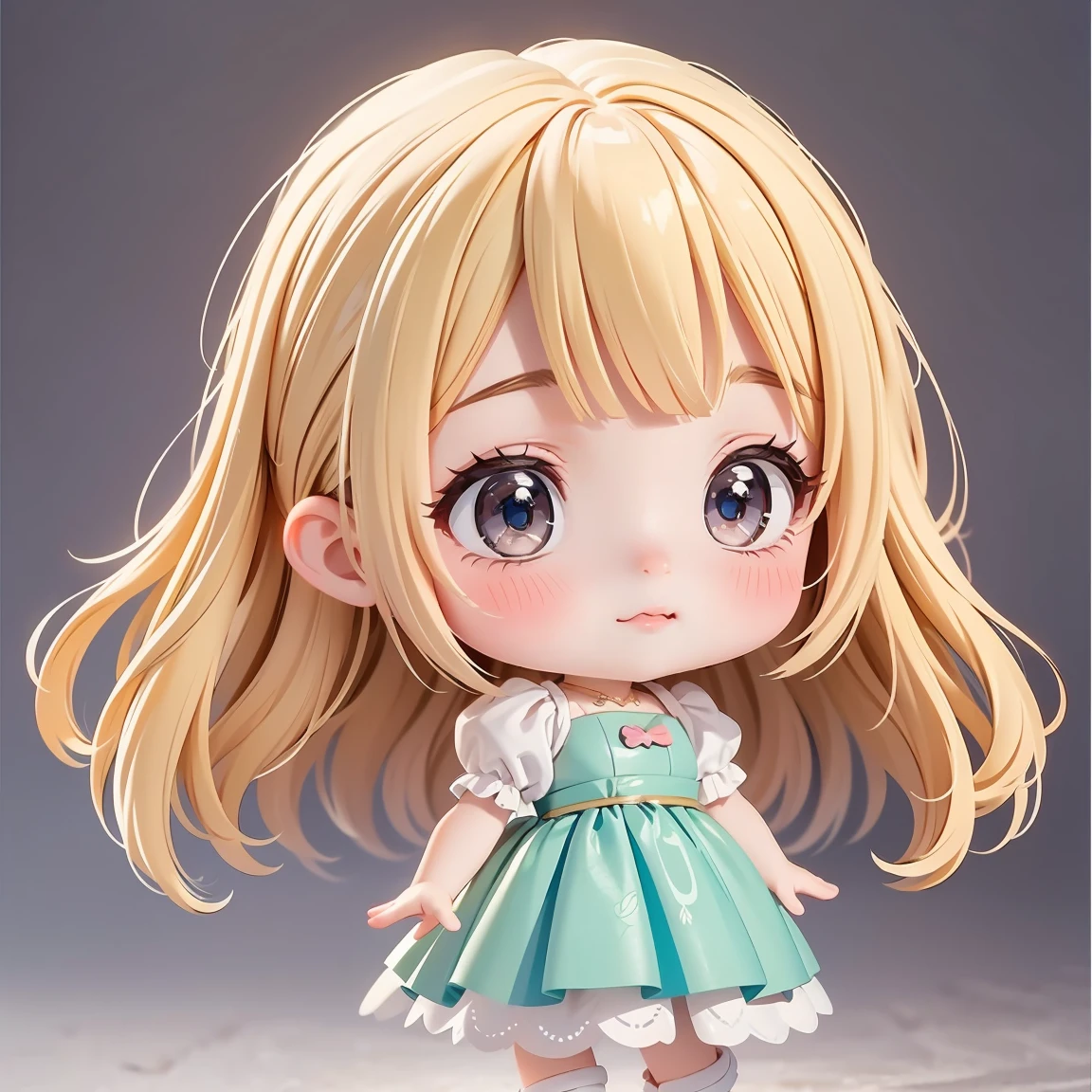  Super Chibi Character：1.8、wearing cute sandals、background：Simple all over、Blonde Hair、Cute 7 year old girl、Cinderella Dresses、Various expressions：1.8、Various poses with moving arms：1.8、Looking this way