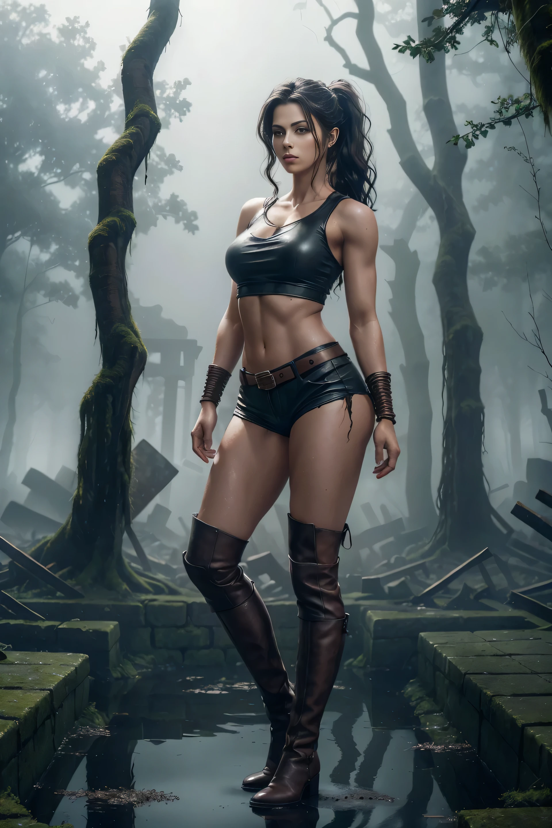 full body sexy beauty sensual archaeologist, long brown ponytail, piercing half-closed eyes, large breast, thin waist, broad shoulders, muscular arms, long shapely thighs, thin waist, long shaped thighs large breast, short leather shorts, filter sleeveless torn t-shirt deep leather boots in among the ruins of a forgotten ancient Egyptian city, (Realistic,photoRealistic, photo-Realistic:1.37),Horror, dark and gloomy atmosphere with dramatic lighting, Vivid colors, Foggy surroundings, the trees, covered with moss, detailed facial expression, long wavy hair floats in the water, Reflections on the surface of the water, Eerie fog