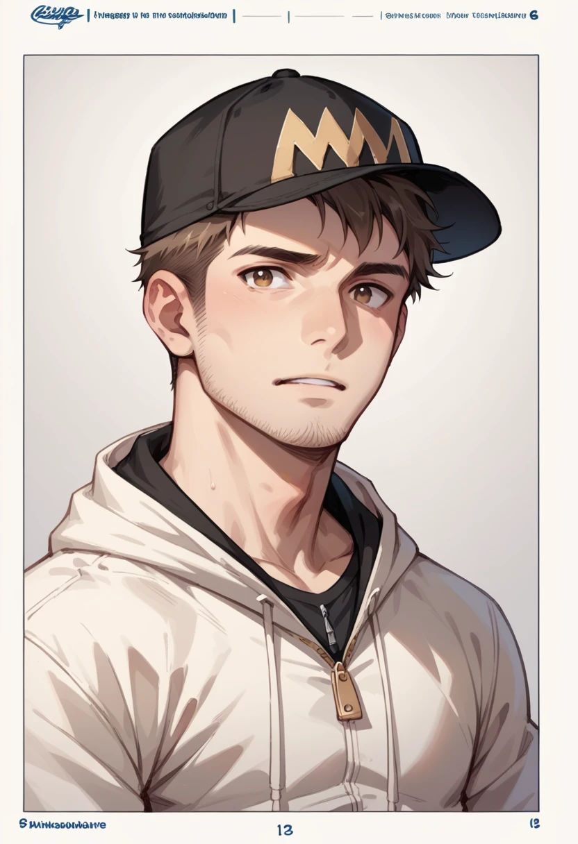 Human Male, Brown Stable haircut ,wearing cap hat , wearing zip furry hoodie , t-shirt,comic Effect