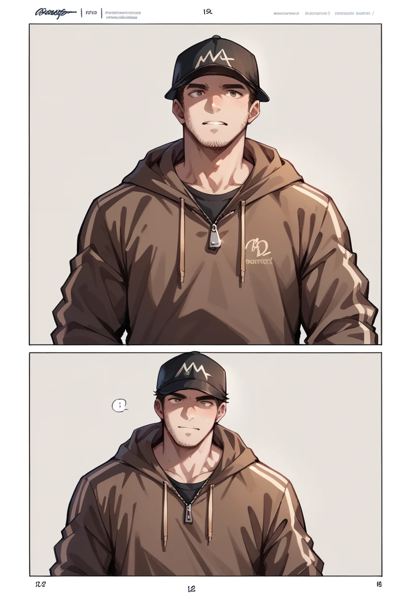 Human Male, Brown Stable haircut ,wearing cap hat , wearing zip furry hoodie , t-shirt,comic Effect