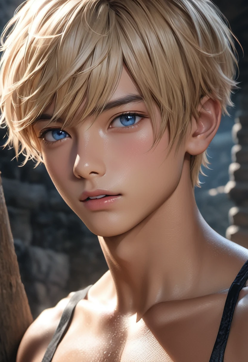 high quality, detailed, photo Realistic, (22 years old tanned japanese idol boy), (detailed blue eyes), (blond short hair),(tanned shiny skin:1.3), black tiny thong, bulge,(detailed nipples), yard, dungeon, (best quality,4k,8k,highres,masterpiece:1.2), (face close up:0.8),(realistic,photorealistic,photo-realistic:1.37),