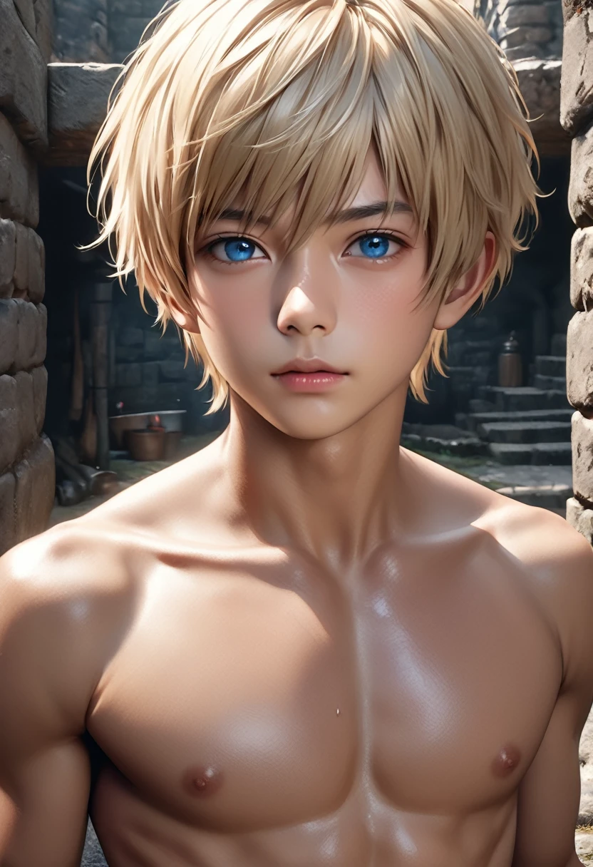 high quality, detailed, photo Realistic, (22 years old tanned japanese idol boy), (detailed blue eyes), (blond short hair),(tanned shiny skin:1.3), black tiny thong, bulge,(detailed nipples), yard, dungeon, (best quality,4k,8k,highres,masterpiece:1.2), (face close up:0.8),(realistic,photorealistic,photo-realistic:1.37),