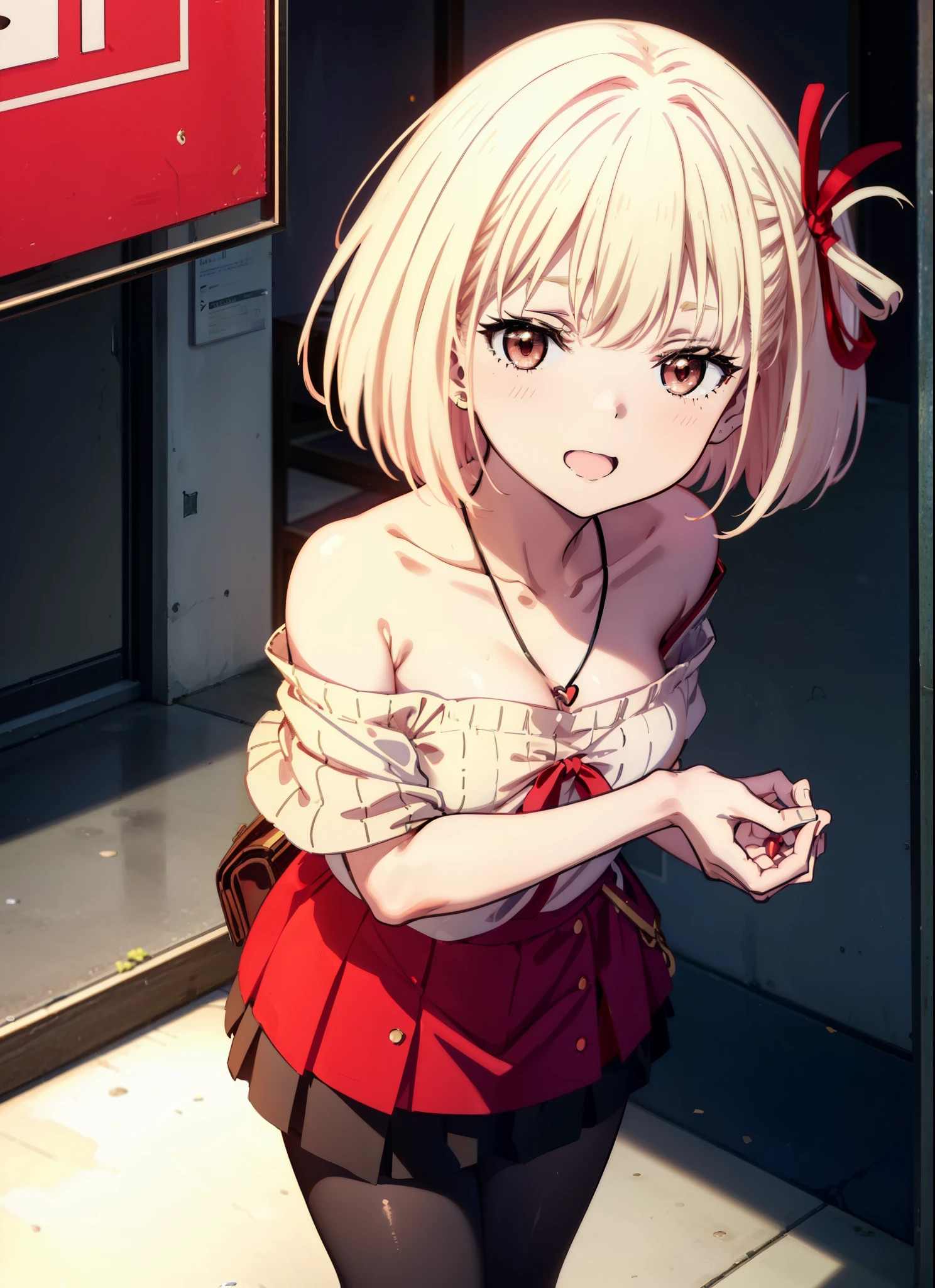 Chisato Nishikigi, short hair, bangs, Blonde, (Red eyes:1.5), hair ribbon, One side up, Bobcut,happy smile, smile, Open your mouth,Heart-shaped necklace,Bare neck,Bare shoulders,bare clavicle,Red off-shoulder sweater,mini skirt,Black pantyhose,short boots,Walking,whole bodyがイラストに入るように,
break indoors,School,canteen,
break looking at viewer, whole body,
break (masterpiece:1.2), Highest quality, High resolution, unity 8k wallpaper, (figure:0.8), (Beautiful attention to detail:1.6), Highly detailed face, Perfect lighting, Highly detailed CG, (Perfect hands, Perfect Anatomy),