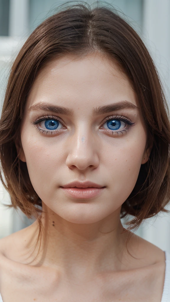 Create a feminine face with a very pretty nose and big blue eyes,and white skin