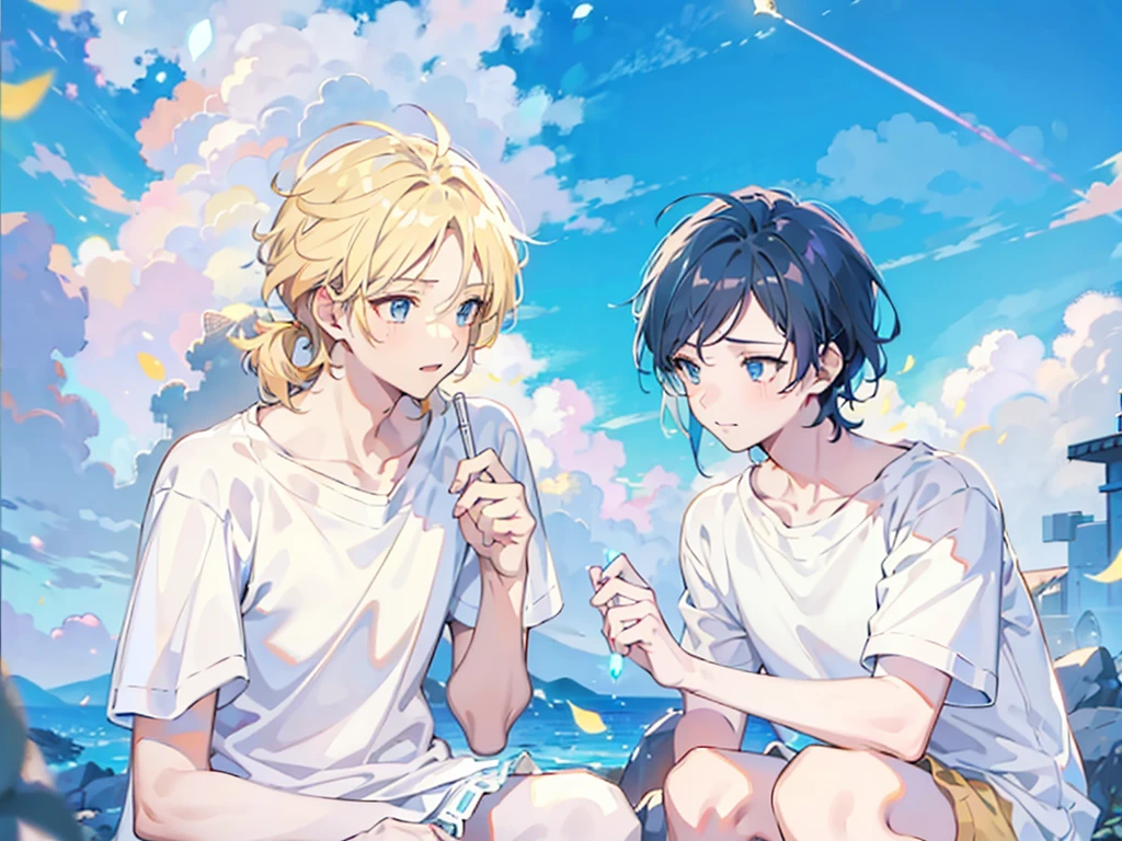 Two boys,Squatting,The person on the left has blond hair,The person on the right has dark blue hair,White shirt,shorts,Holding a firework stick,daytime,outdoor,Natural light,Blue sky and white clouds,White T-shirt,8K,Correct human body,Detailed eye painting,illustration,Highest quality,Exquisite,Detailed face,Masterpiece,flat chest,Slim,young,16 years old,High-end,Hand Painted,Official Fanart, Visual novel, Anime style,Girly Romance, Produced by Anime Painter Studio,masterpiece, best quality, Sharp focus, Intricate details, Perfect, Golden Ratio Composition, 8K resolution, High resolution, fair, fair sky, Vibrant pastel colors