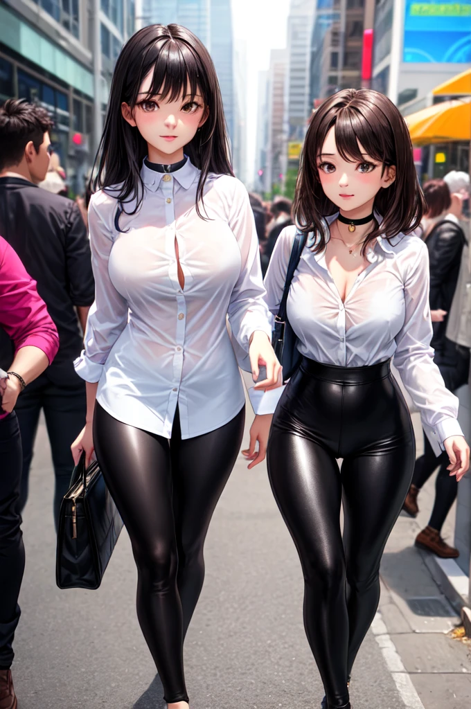 Woman with black hair., long brown eyes, tender look and a pretty but sexy face, posing sexy. , She is dressed in a long-sleeved white button-down shirt with a white collar., shiny black leggings, choker: 1.6, thin girl, brown eyes young girl with great taste, Walking around the city, at daytime