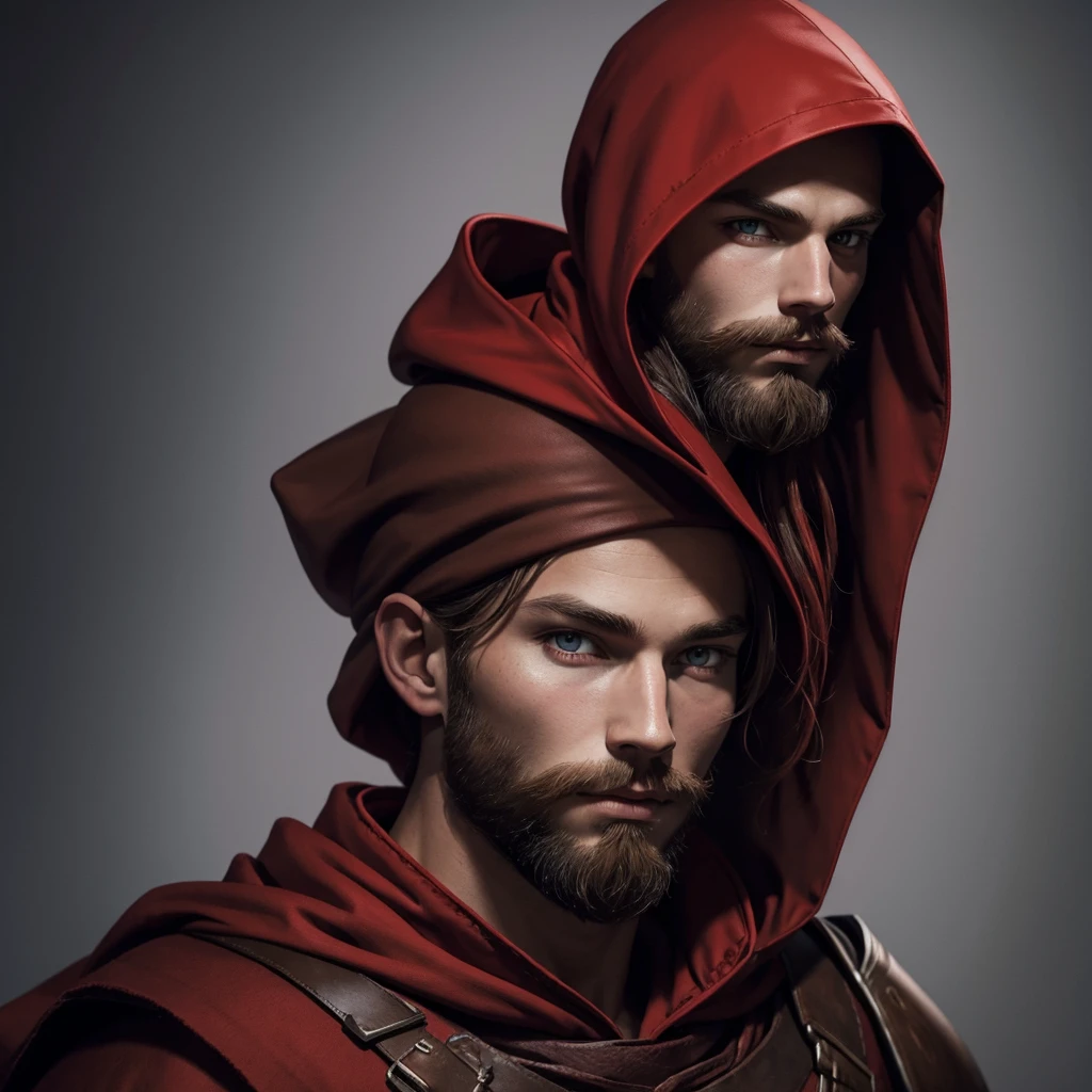 Portrait of a nordic man, dressed in red, young, brown beard, red hood and robes, art style, purple eyes, hood up