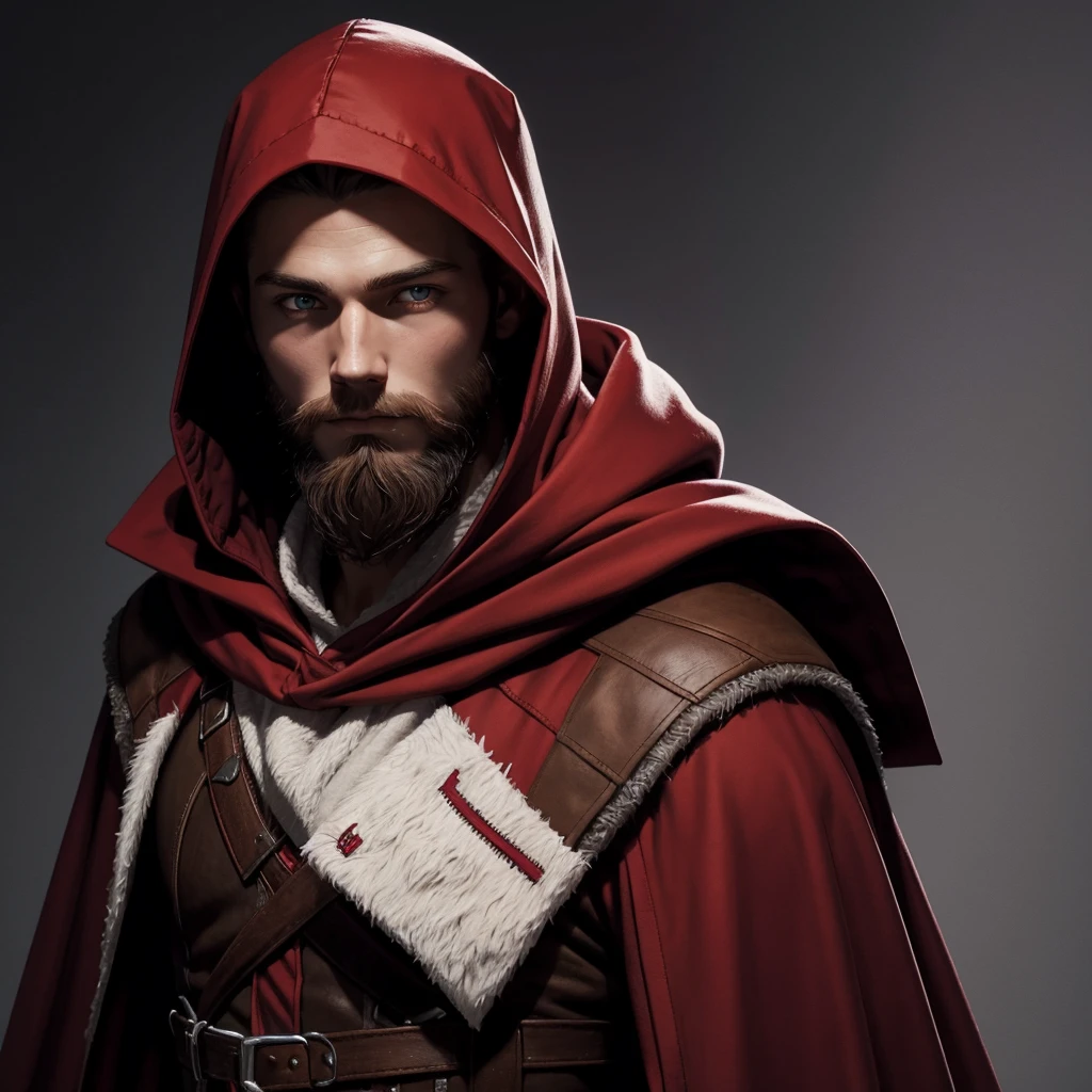 Portrait of a nordic man, dressed in red, young, brown beard, red hood and robes, art style, purple eyes, hood up