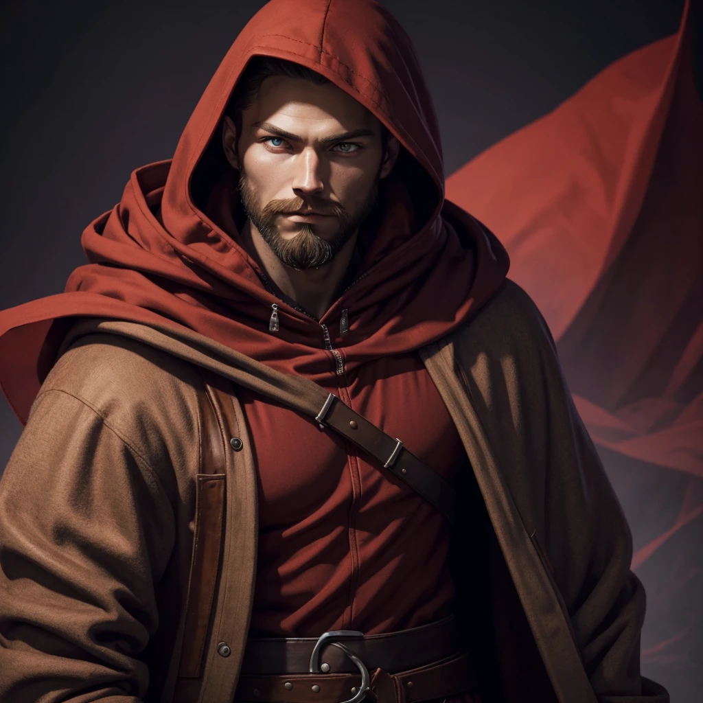 Portrait of a nordic man, dressed in red, young, brown beard, red hood and robes, art style, purple eyes, hood up