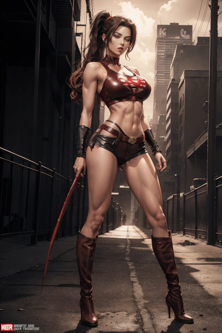 full body superheroine Frank Miller Sin City style separate red color long brown ponytail, piercing half-closed eyes, large breast, thin waist, broad shoulders, muscular arms, long shapely thighs, thin waist, long shaped thighs large breast, short leather shorts, filter sleeveless torn t-shirt deep leather boots