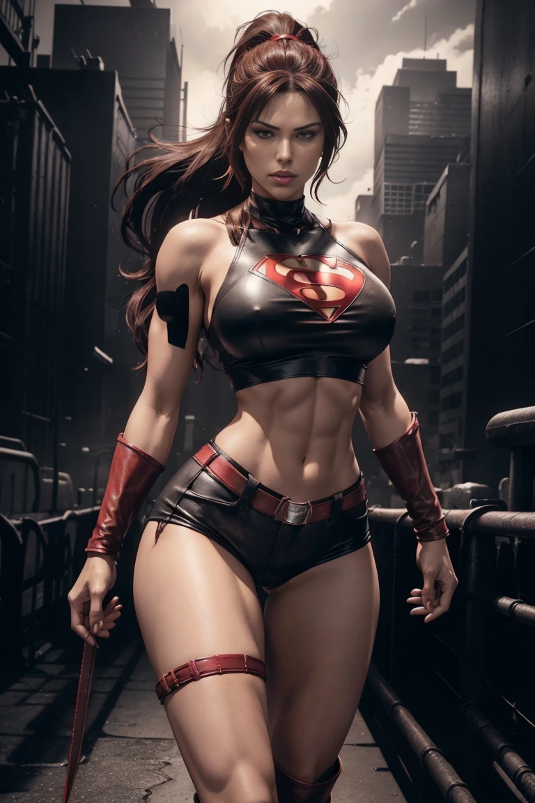 full body superheroine Frank Miller Sin City style separate red color long brown ponytail, piercing half-closed eyes, large breast, thin waist, broad shoulders, muscular arms, long shapely thighs, thin waist, long shaped thighs large breast, short leather shorts, filter sleeveless torn t-shirt deep leather boots