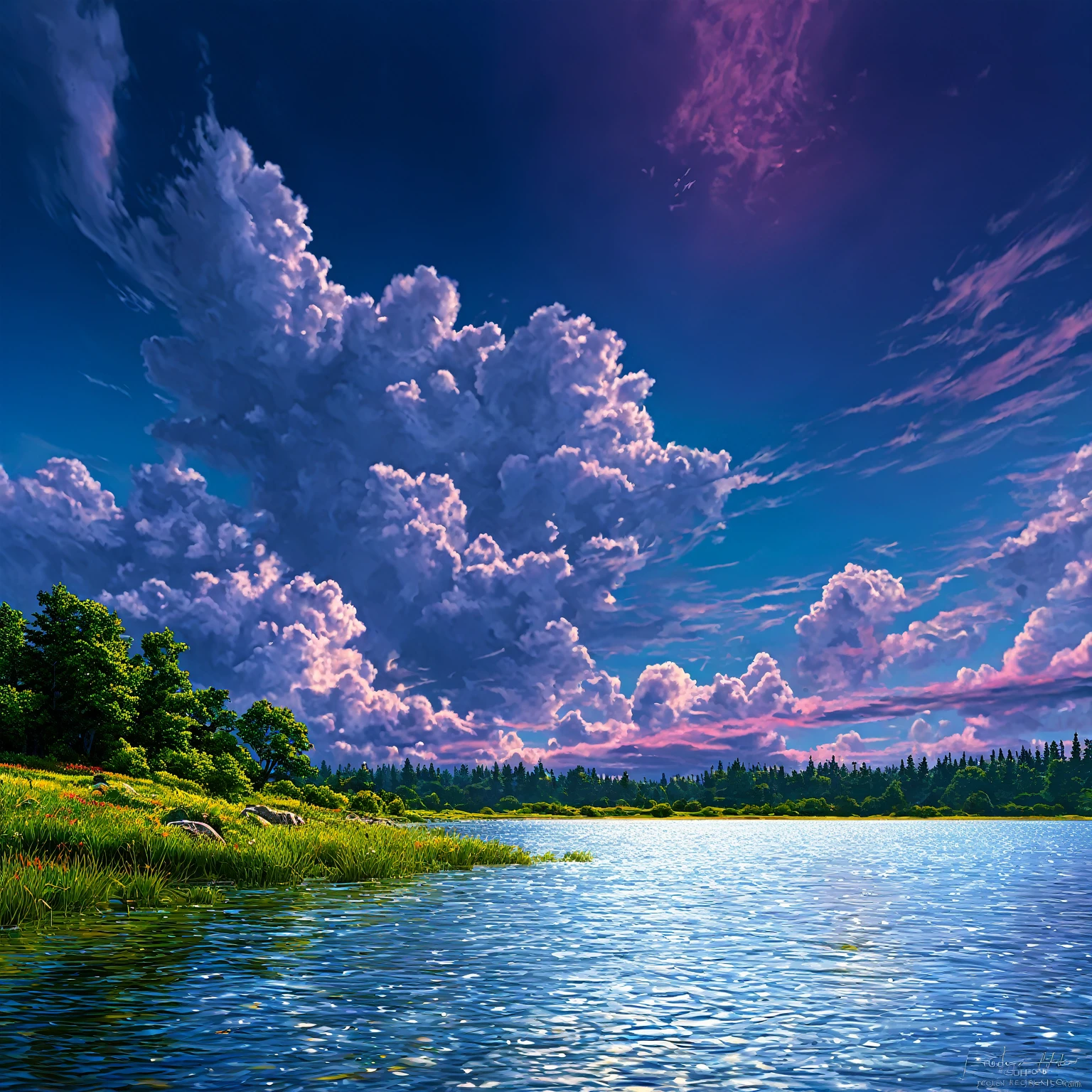 Summer sky (Painterly style), Realistic, highly Realistic, Attention to detail, breathtakingly Realistic, High contrast realism, High Saturation Realism, Vibrant colors, Dramatic lighting, Fascinating landscape, Persuasive storytelling, Atmospheric scene, Captivating visuals, Intricate details, Strong emotions, Heavenly Beauty, A dreamlike world