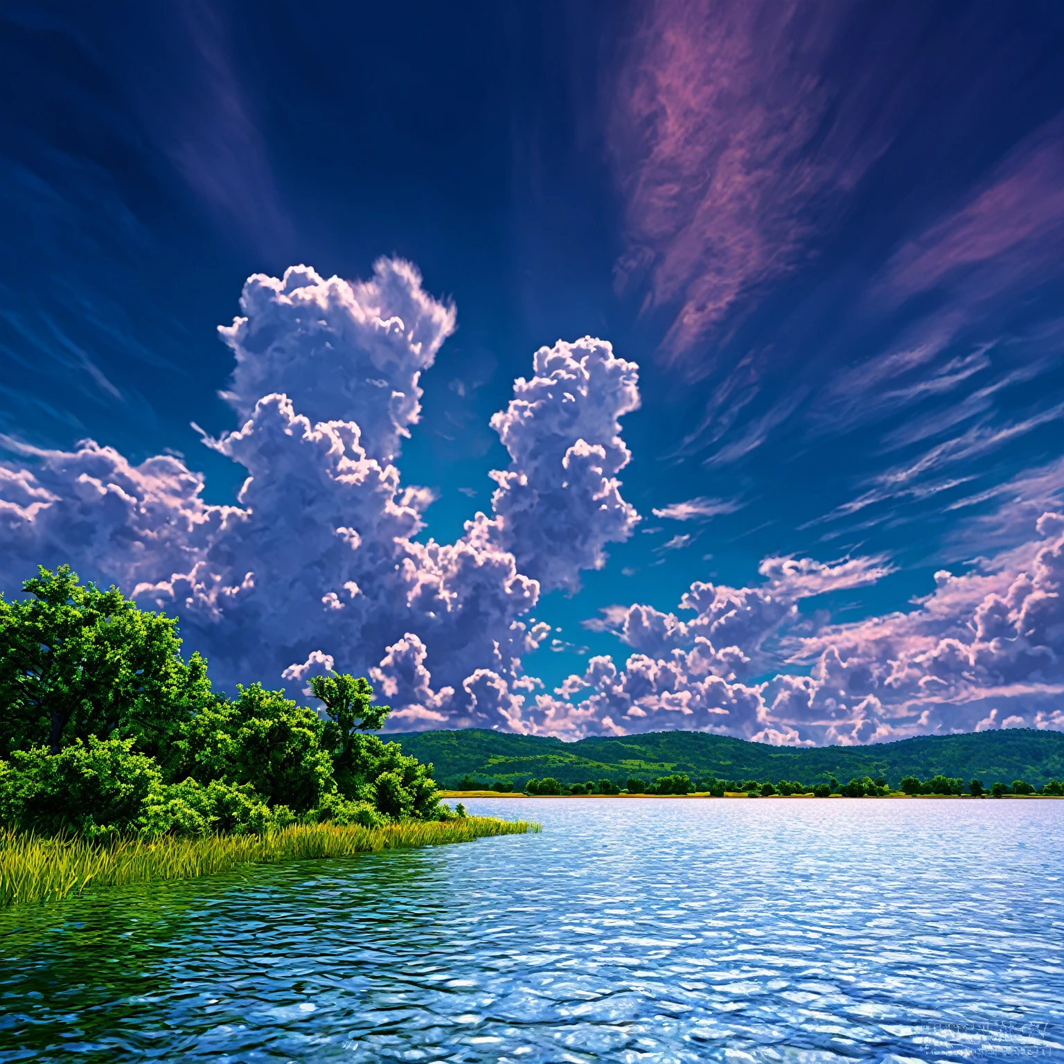 Summer sky (Painterly style), Realistic, highly Realistic, Attention to detail, breathtakingly Realistic, High contrast realism, High Saturation Realism, Vibrant colors, Dramatic lighting, Fascinating landscape, Persuasive storytelling, Atmospheric scene, Captivating visuals, Intricate details, Strong emotions, Heavenly Beauty, A dreamlike world