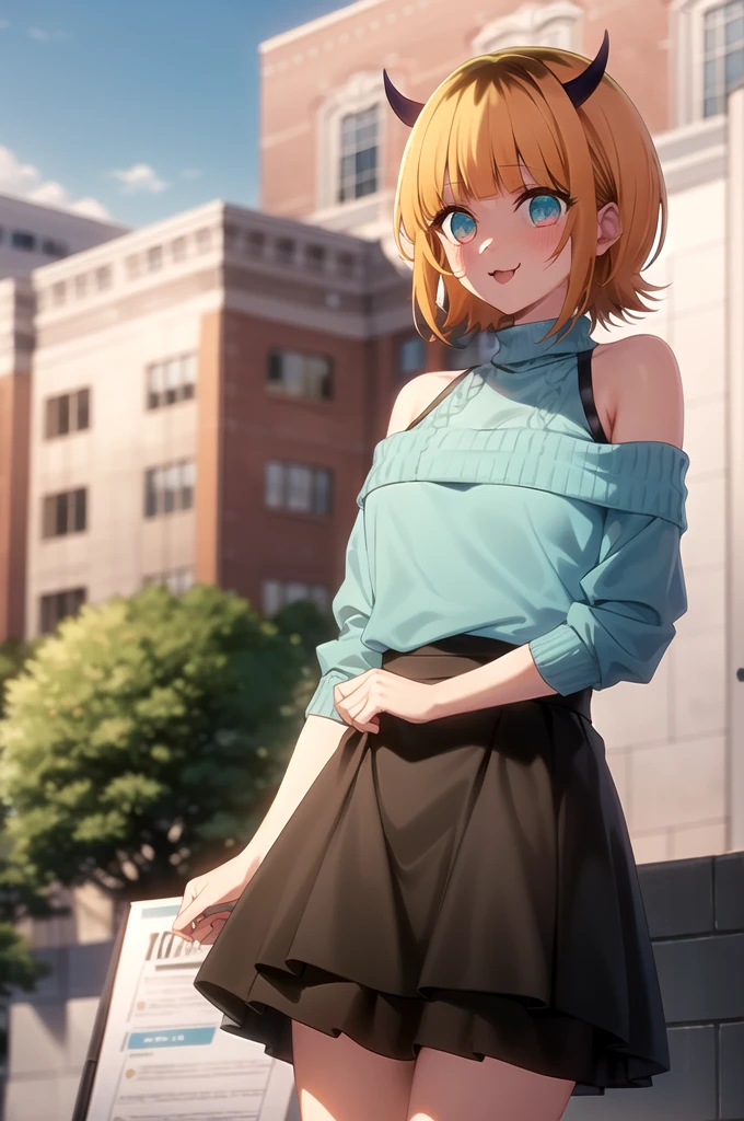 Best and highest quality, masterpiece, detailed,
memcho,
Open your mouth, A slight blush, :3, smile,
short hair, Blonde, Multicolored Hair, Aqua Eye, Blunt bangs, horn,
(Blue sweater:1.2), Black Shirt, Bare shoulders, Black Skirt, I tucked in my sweater.,
Are standing, Looking at the audience,
(Day:1.2), garden, Outdoor,
showing off panties