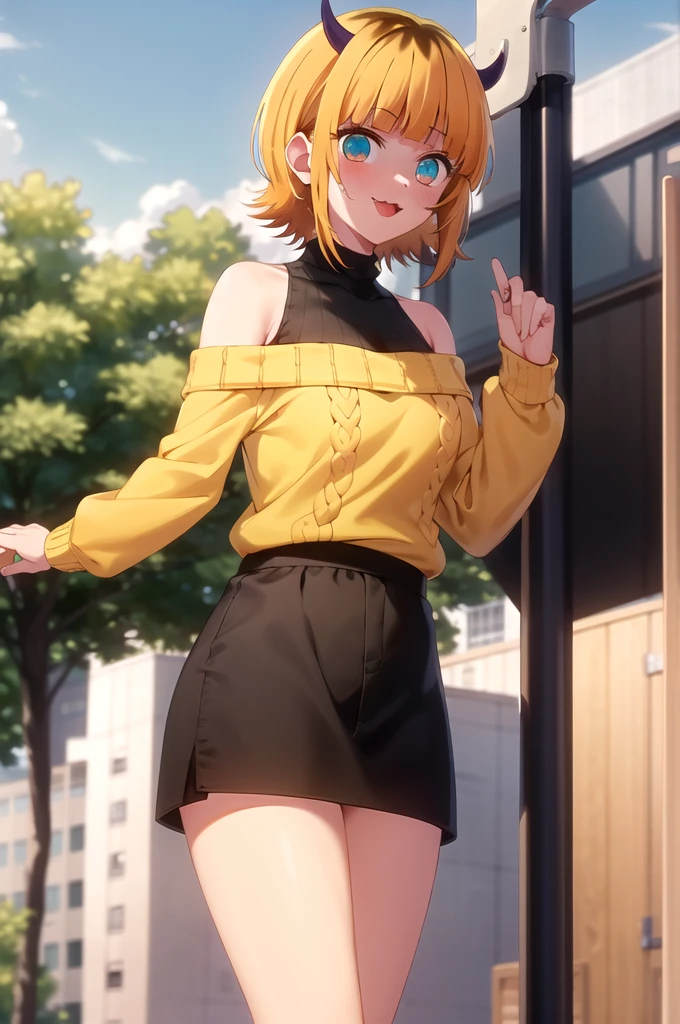 Best and highest quality, masterpiece, detailed,
memcho,
Open your mouth, A slight blush, :3, smile,
short hair, Blonde, Multicolored Hair, Aqua Eye, Blunt bangs, horn,
(Blue sweater:1.2), Black Shirt, Bare shoulders, Black Skirt, I tucked in my sweater.,
Are standing, Looking at the audience,
(Day:1.2), garden, Outdoor,
showing off panties