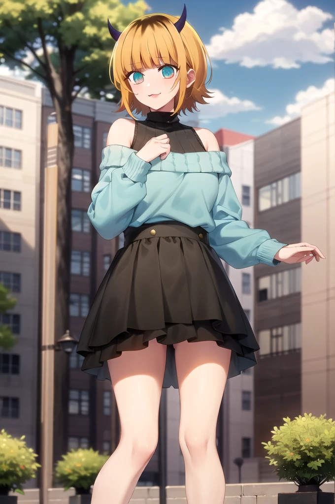 Best and highest quality, masterpiece, detailed,
memcho,
Open your mouth, A slight blush, :3, smile,
short hair, Blonde, Multicolored Hair, Aqua Eye, Blunt bangs, horn,
(Blue sweater:1.2), Black Shirt, Bare shoulders, Black Skirt, I tucked in my sweater.,
Are standing, Looking at the audience,
(Day:1.2), garden, Outdoor,
showing off panties