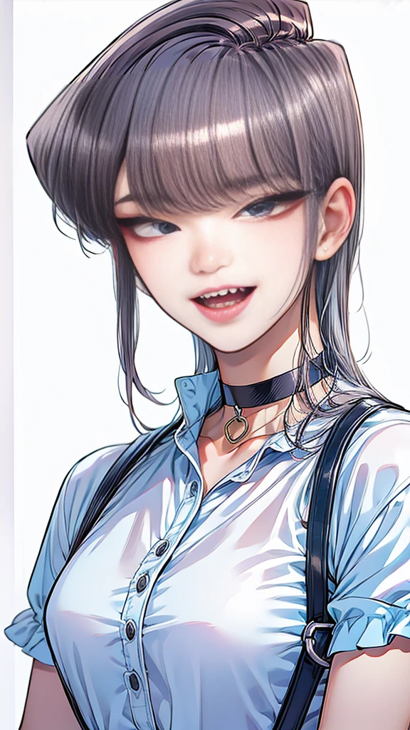 masutepiece, Best quality, 1 thai peaplo man, handsome, short hair, silver hair, sharp teeth, fang, choker, blue eyes, black leather shirt, blushing, western building, caricature, looking at viewer,