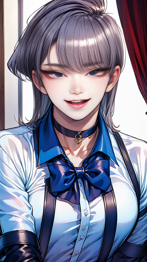 masutepiece, Best quality, 1 thai peaplo man, handsome, short hair, silver hair, sharp teeth, fang, choker, blue eyes, black leather shirt, blushing, western building, caricature, looking at viewer,