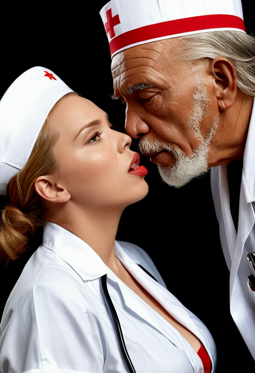 movie star scarlett johansson dressed as a sexy nurse kissing old peruvian man. 