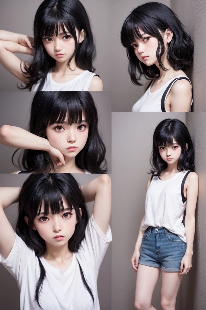 anime girl style yu yu hakusho, 12 years old, medium wavy black hair with bangs, red eyes, pale skin, short 1.55 tall, same outfit as Hiei