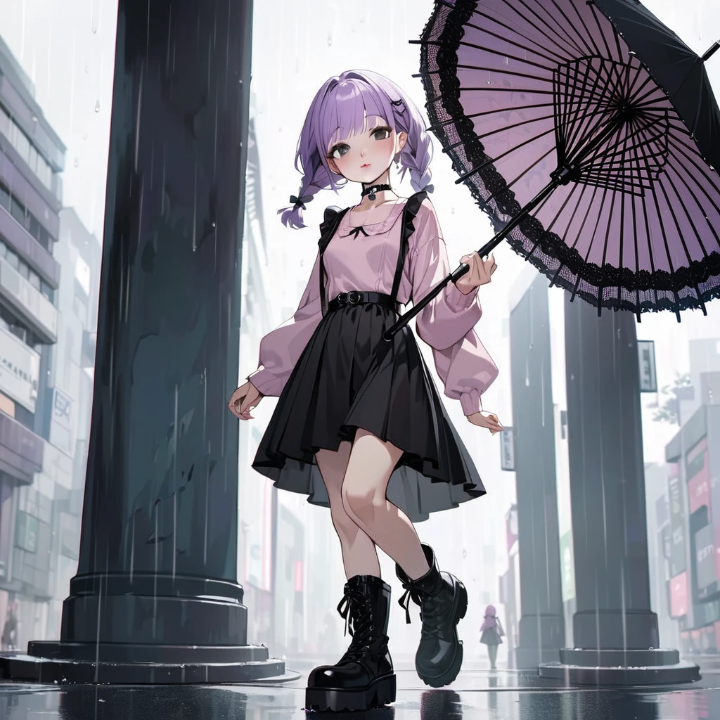masterpiece, ultra detailed, 8K, solid blue Skyscrapers background, full body shot, Angle looking up from below.happy, a girl, kawaii, light atmosphere, mysterious atmosphere, (Cute a mesugaki girl:1.5), (a girl with closs hair pin,pale purple hair,wavy two braids,bluntbangs hair,green and black eyes,
pink shirt,cosplay, jirai kei, bangs, black skirt, black bow, looking at viewer, bow, long sleeves, choker, ribbon,pink lips,Thick-soled boots,fullbody shot :1.4),A mischievous smile, fangs, licking lips,
(masterpiece:1.3), anime visual, (Lovey-dovey:1.5), (tilt head:1.3), extremely delicate face, soft clean focus, realistic lighting and shading, (an extremely delicate and beautiful art:1.3), elegant, (muted colors:1.1), small breast,slim,(On a rainy day, walking through Shibuya with a black lace umbrella:1.5), expressionless,