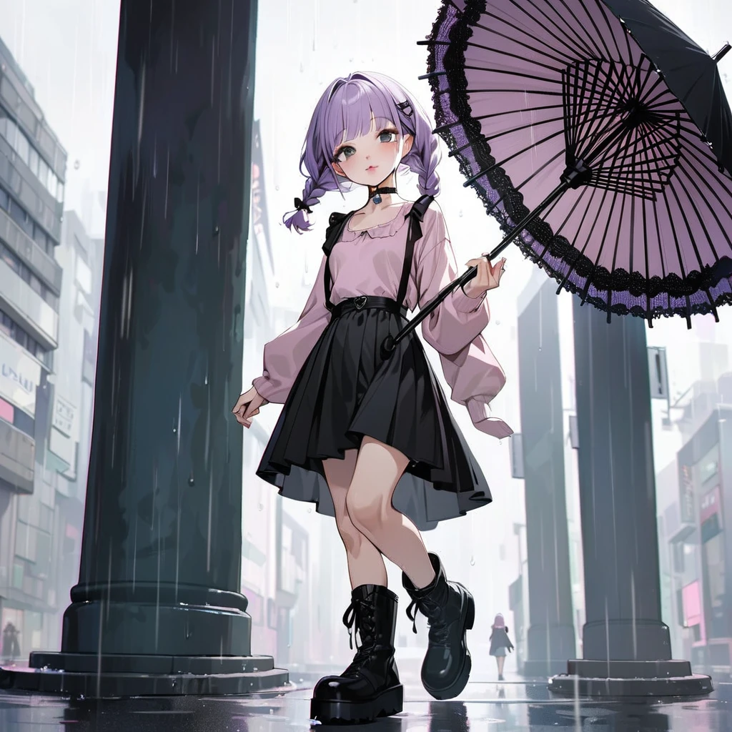 masterpiece, ultra detailed, 8K, solid blue Skyscrapers background, full body shot, Angle looking up from below.happy, a girl, kawaii, light atmosphere, mysterious atmosphere, (Cute a mesugaki girl:1.5), (a girl with closs hair pin,pale purple hair,wavy two braids,bluntbangs hair,green and black eyes,
pink shirt,cosplay, jirai kei, bangs, black skirt, black bow, looking at viewer, bow, long sleeves, choker, ribbon,pink lips,Thick-soled boots,fullbody shot :1.4),A mischievous smile, fangs, licking lips,
(masterpiece:1.3), anime visual, (Lovey-dovey:1.5), (tilt head:1.3), extremely delicate face, soft clean focus, realistic lighting and shading, (an extremely delicate and beautiful art:1.3), elegant, (muted colors:1.1), small breast,slim,(On a rainy day, walking through Shibuya with a black lace umbrella:1.5), expressionless,