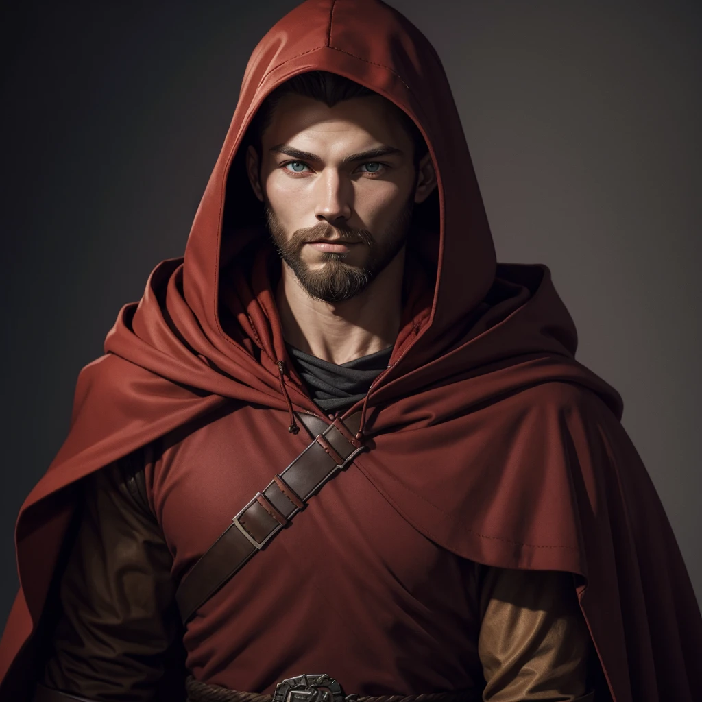 Portrait of a nordic man, dressed in red, young, brown beard, red hood and robes, art style, purple eyes, hood up