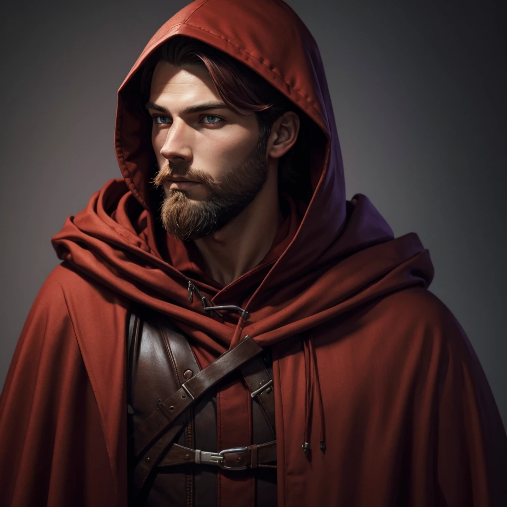 Portrait of a nordic man, dressed in red, young, brown beard, red hood and robes, art style, purple eyes, hood up