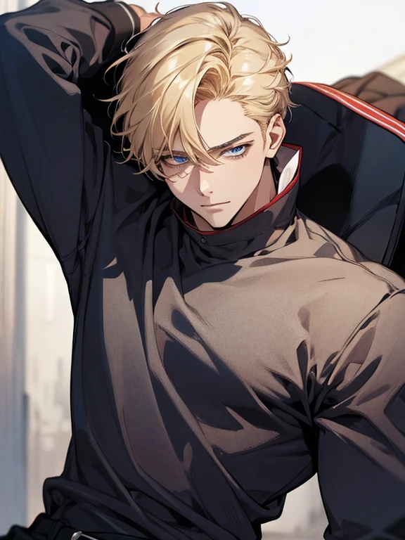 (1 man), solo, detailed eyes, {{{masterpiece}}}, {{{best quality}}}, {{ultra-detailed}}, {illustration}, {detailed eyes}, {detailed light}, {waist up}, subject: [1 male, 30 years old, solo, adult, tall, very handsome, popular, hair (short, blonde), blue eyes, slightly muscular], modern attire (casual clothes, comfortable clothing)
