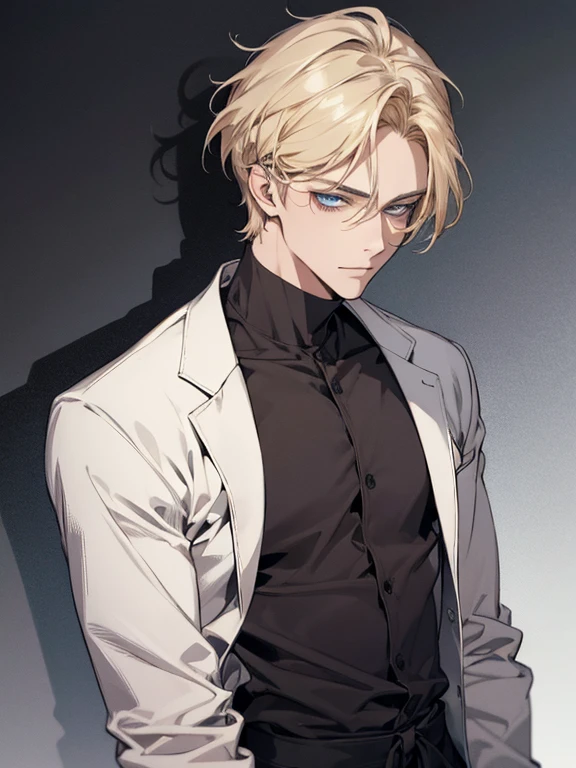 (1 man), solo, detailed eyes, {{{masterpiece}}}, {{{best quality}}}, {{ultra-detailed}}, {illustration}, {detailed eyes}, {detailed light}, {waist up}, subject: [1 male, 30 years old, solo, adult, tall, very handsome, popular, hair (short, blonde), blue eyes, slightly muscular], modern attire (casual clothes, comfortable clothing)