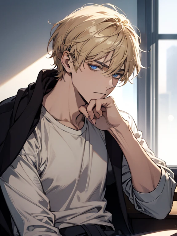 (1 man), solo, detailed eyes, {{{masterpiece}}}, {{{best quality}}}, {{ultra-detailed}}, {illustration}, {detailed eyes}, {detailed light}, {waist up}, subject: [1 male, 30 years old, solo, adult, tall, very handsome, popular, hair (short, blonde), blue eyes, slightly muscular], modern attire (casual clothes, comfortable clothing)