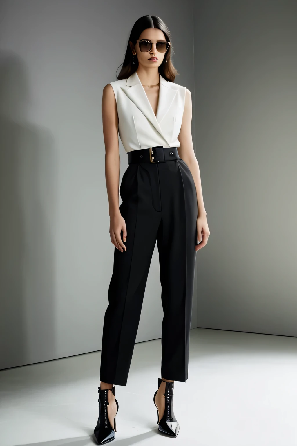 The model stands confidently, with one leg slightly in front of the other, creating a strong, angular stance. The body is slightly angled to the side, giving depth and dimension to the pose.
The shoulders are squared, and the back is straight, exuding confidence and power.
One arm is bent at the elbow, with the hand resting on the hip or slightly below the waist. This creates a sharp line and emphasizes the waist.
The other arm hangs naturally at the side, or it can be slightly raised, with the hand gently touching the collar or accessory.
The expression is intense and serious, with a strong, direct gaze at the camera. The lips are closed or slightly parted, conveying a sense of sophistication and strength.
The background is minimalistic, with a clean, industrial look. It could be a plain, textured wall or a sleek, modern environment. Neutral colors like grey, black, or white help to focus attention on the model and outfit.
The setting should feel urban and edgy, reflecting Balenciaga's modern and avant-garde style.
The lighting is dramatic, with strong contrasts and shadows. Side lighting or backlighting can be used to highlight the contours of the model and the textures of the clothing.
The overall effect should be bold and striking, enhancing the high-fashion aesthetic of Balenciaga.
The outfit is a statement piece from Balenciaga's latest collection. It could be an oversized blazer with exaggerated shoulders, paired with high-waisted trousers or a sculptural dress with unique, asymmetrical cuts.
The color palette is monochromatic or features bold, contrasting colors like black and neon green, or deep red and white.
The model wears chunky, high-fashion sneakers or sleek, pointed-toe boots, typical of Balenciaga's innovative footwear designs.
The shoes should complement the outfit and add an element of surprise or contrast.
The look is completed with bold accessories, such as oversized sunglasses, a statement handbag, or chunky jewelry.
The accessories should enha