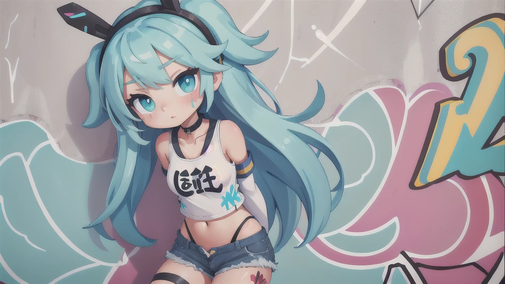 masterpiece, best quality, 1girl, solo, crop top, denim shorts, choker, (graffiti:1.5), paint splatter, arms behind back, against wall, looking at viewer, armband, thigh strap, paint on body, head tilt, bored, multicolored hair, aqua eyes, headset,