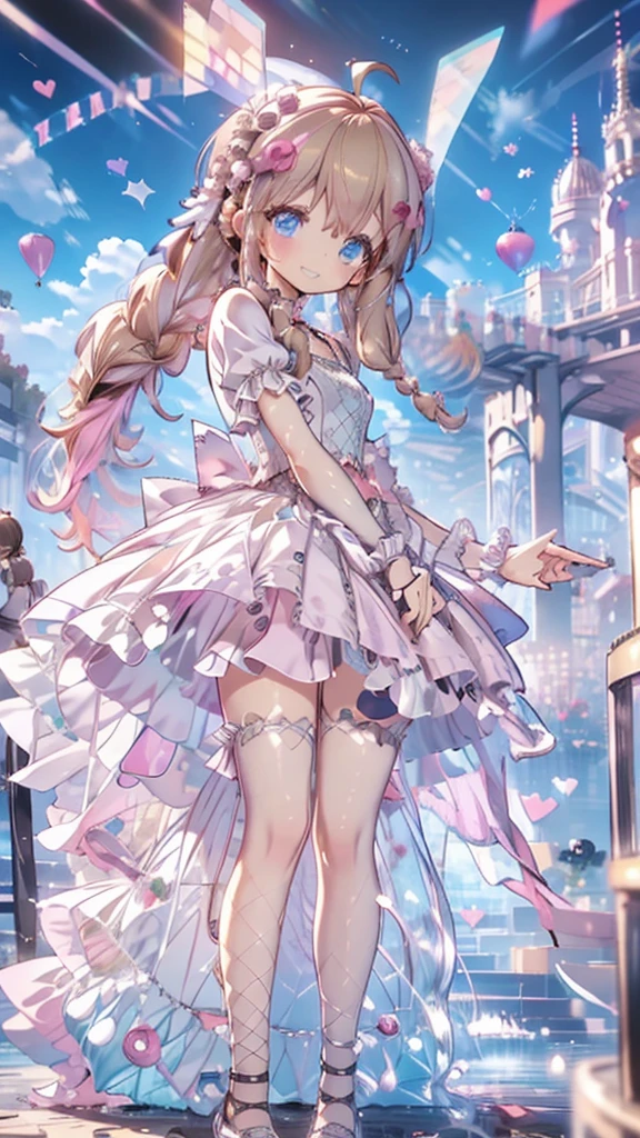 A world of colorful sweets, fluffly, A lot of sweets, colourfull, pastels, Cute, dream sweets, full body, front view, kawaii girl, blue eyes, light brown hair, posing, long twintails, braids, princess dress, smile, high resolution, best detailed face and eyes, masterpiece, best quality, 4k, 8k