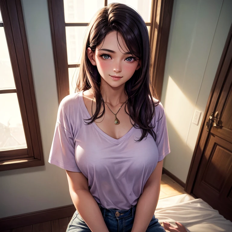 (Higher resolution, clearly_image) Best quality, A woman, masterpiece, Very detailed, Semi-realistic, 21 years old, beautiful, young, Handsome, t-shirt, Lilac shirt pull, Collar around the neck, Internal, modern room, window, wake up, morning, blush, Smile