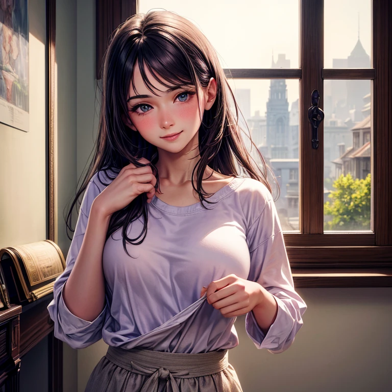 (Higher resolution, clearly_image) Best quality, A woman, masterpiece, Very detailed, Semi-realistic, 21 years old, beautiful, young, Handsome, t-shirt, Lilac shirt pull, Collar around the neck, Internal, modern room, window, wake up, morning, blush, Smile